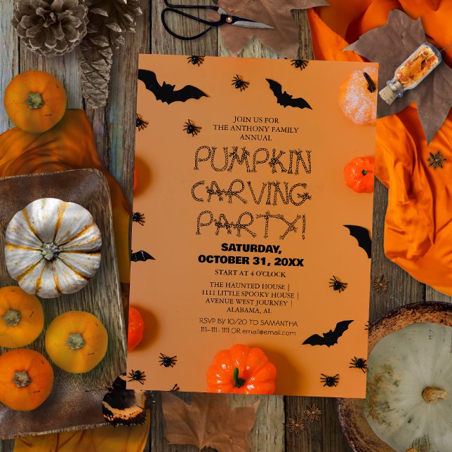 Classic Orange Pumpkin Carving Party Bats Invitation (Creator Uploaded)