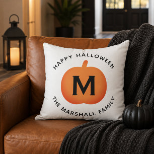Classic Orange Pumpkin Family Monogram Halloween Throw Pillow