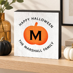 Classic Orange Pumpkin Family Monogram Halloween Wooden Box Sign
