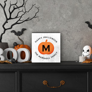 Classic Orange Pumpkin Family Monogram Halloween Wooden Box Sign