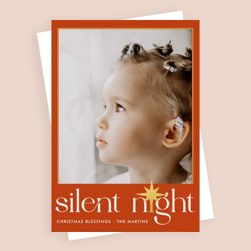 Classic Orange Silent Night Christmas Star Photo Foil Holiday Card