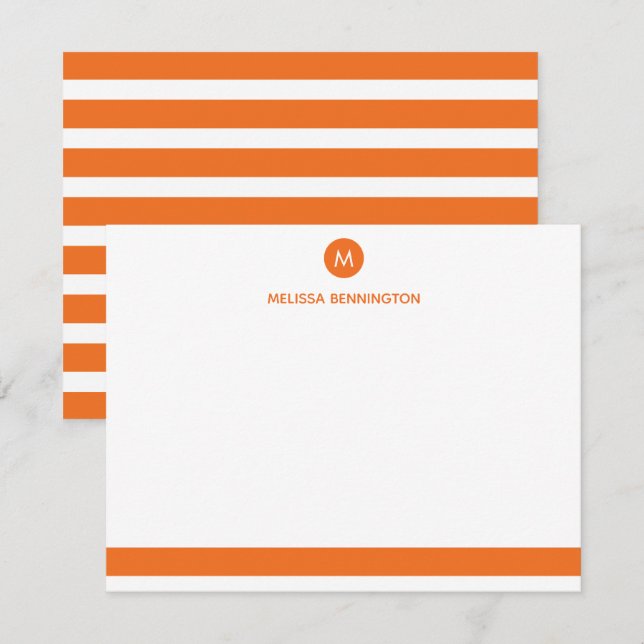 Classic Orange Stripe Personalized Monogram Note Card (Front/Back)