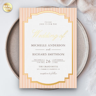 Classic Orange Striped Photo Wedding Gold Foil Invitation
