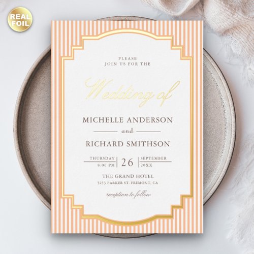 Classic Orange Striped Photo Wedding Gold Foil Invitation