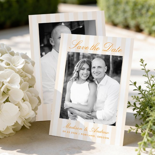 Classic Orange Stripes Photo Wedding Save The Date (Creator Uploaded)