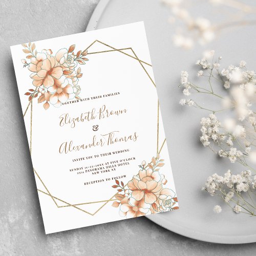 Classic orange white gold terrarium floral wedding invitation