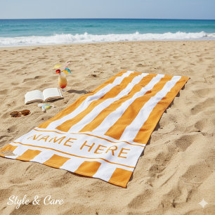 Classic Orange White Striped Beach Towel with Name