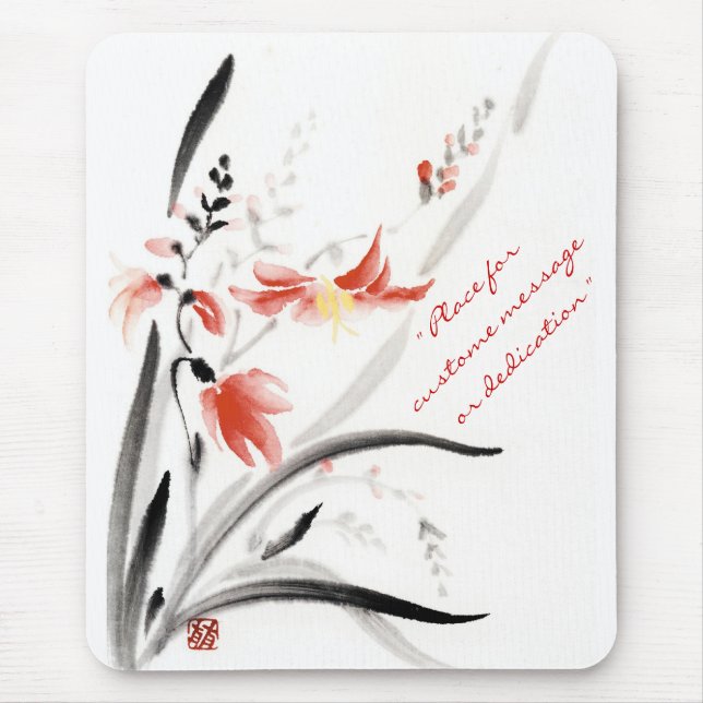 Classic oriental chinese sumi-e ink flowers paint mouse pad (Front)
