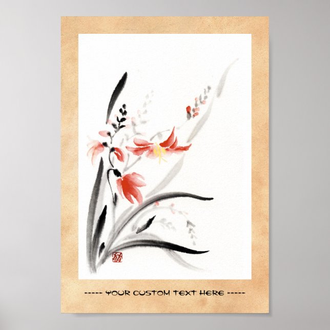 Classic oriental chinese sumi-e ink flowers paint poster (Front)