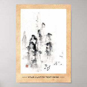 Classic oriental chinese sumi-e ink mountain scene poster