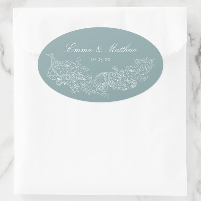 Classic Ornament Dusty Blue Regency Wedding Oval Sticker (Bag)