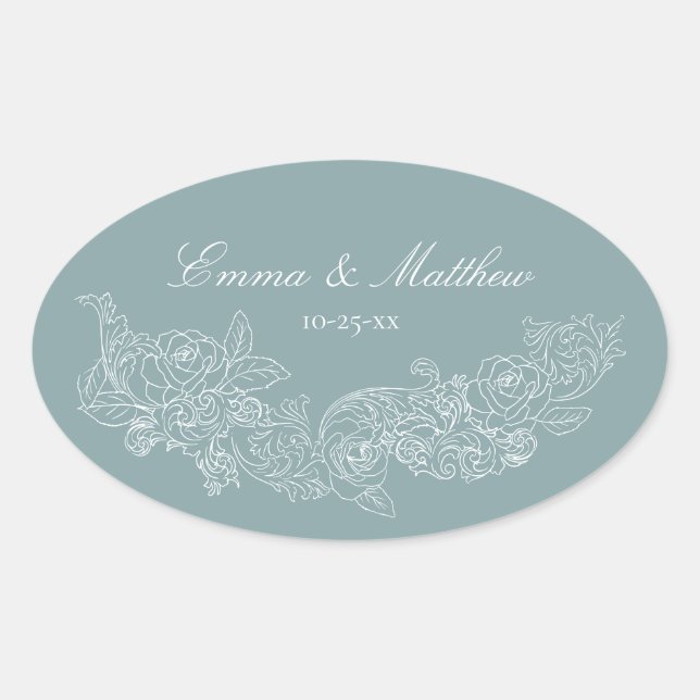 Classic Ornament Dusty Blue Wedding Logo Oval Sticker (Front)
