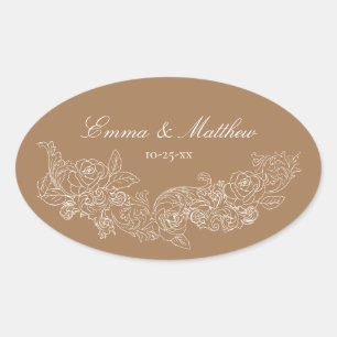 Classic Ornament Golden Brown Wedding Logo Oval Sticker