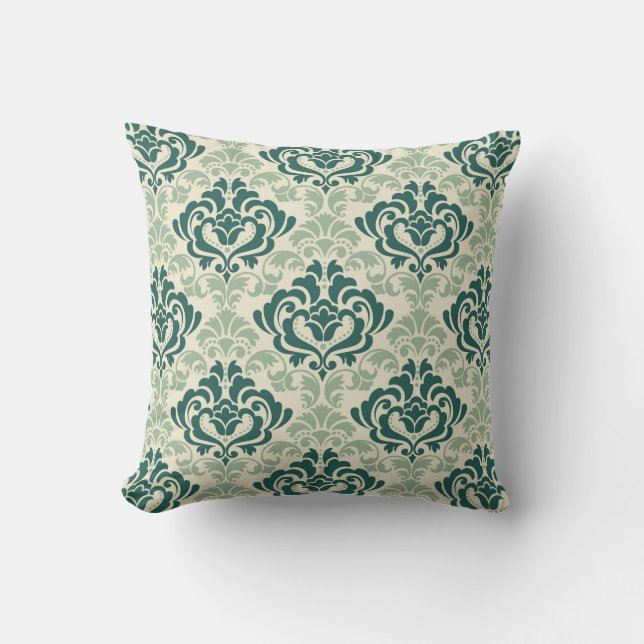 Classic Ornamental Damask Green Floral Throw Pillow (Front)