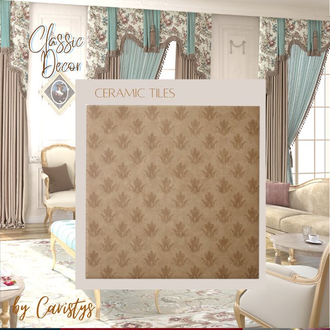 Classic Ornate Emblem Brown Taupe Linen   Ceramic Tile (Creator Uploaded)