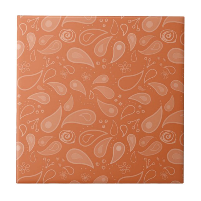 Classic Ornate Orange Paisley Pattern Ceramic Tile (Front)