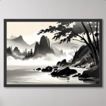 classic painting landscape rocky river black white
