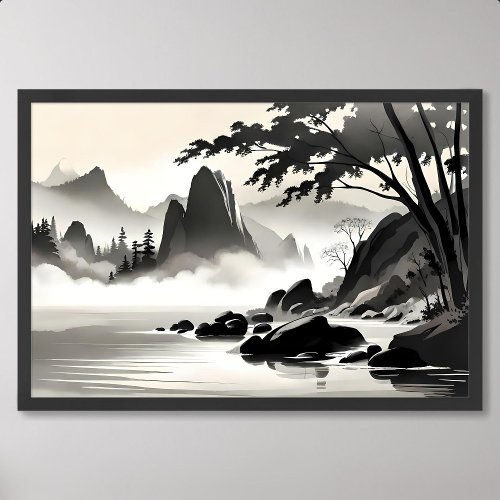 classic painting landscape rocky river black white poster