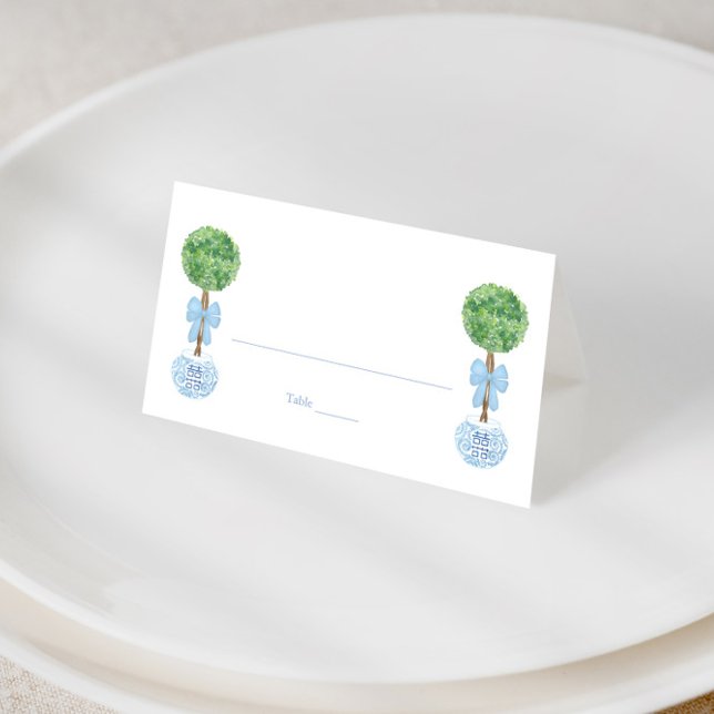 Classic Pale Blue Bow Boy Baby Shower Formal Lunch Place Card (Smart boxwood topiary with pale blue bow place cards for wedding shower or baby boy christening)