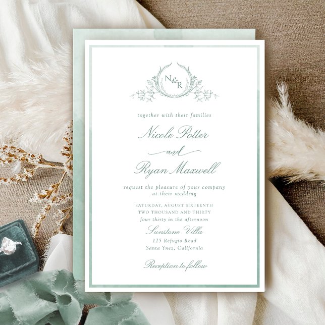 Classic Pale Green Monogram Watercolor Wedding Invitation (Creator Uploaded)