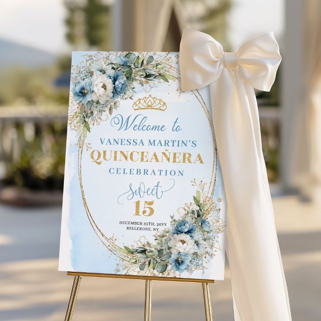Classic Pastel Blue Gold Eucalyptus 15th Birthday  Foam Board (Classic Pastel Blue Gold Eucalyptus 15th Birthday Sign)