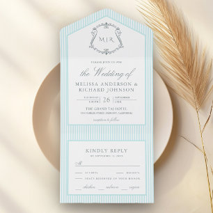 Classic Pastel Blue Striped Crest Monogram Wedding All In One Invitation