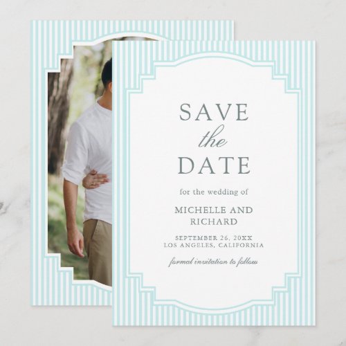 Classic Pastel Blue Striped Photo Wedding Save The Date
