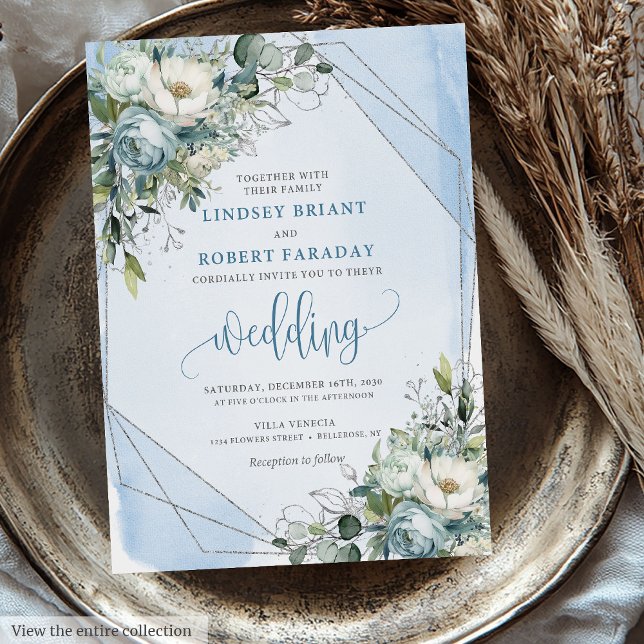 Classic Pastel Blue White Silver Roses Wedding  Invitation (Classic Pastel Blue White Silver Roses Wedding Invitation)