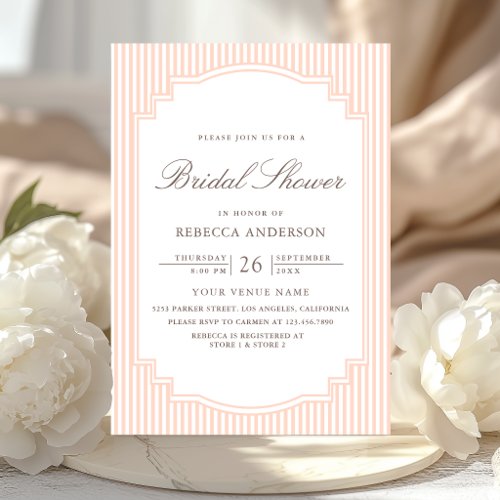 Classic Pastel Peach Striped Photo Bridal Shower Invitation