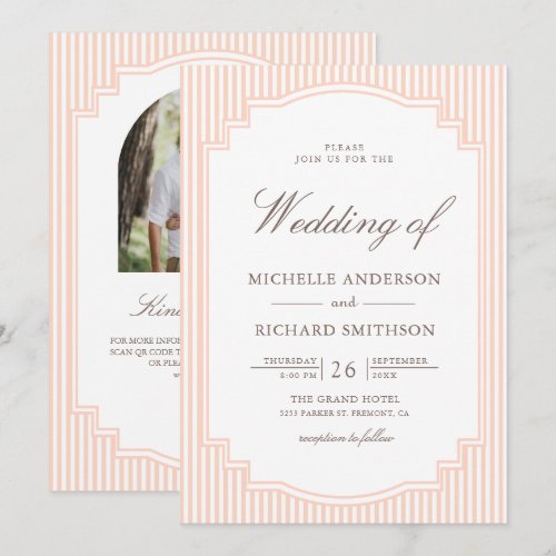 Classic Pastel Peach Striped Photo QR Code Wedding Invitation