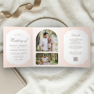 Classic Pastel Peach Striped Photo QR Code Wedding Tri-Fold Invitation