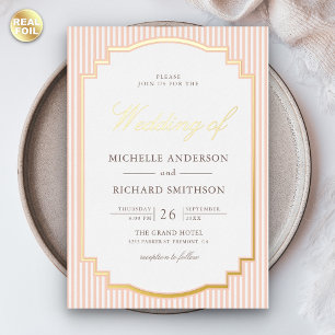 Classic Pastel Peach Striped Photo Wedding Gold Foil Invitation