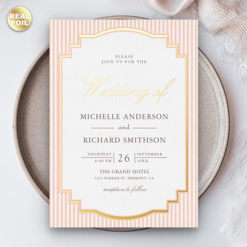 Classic Pastel Peach Striped Photo Wedding Gold Foil Invitation