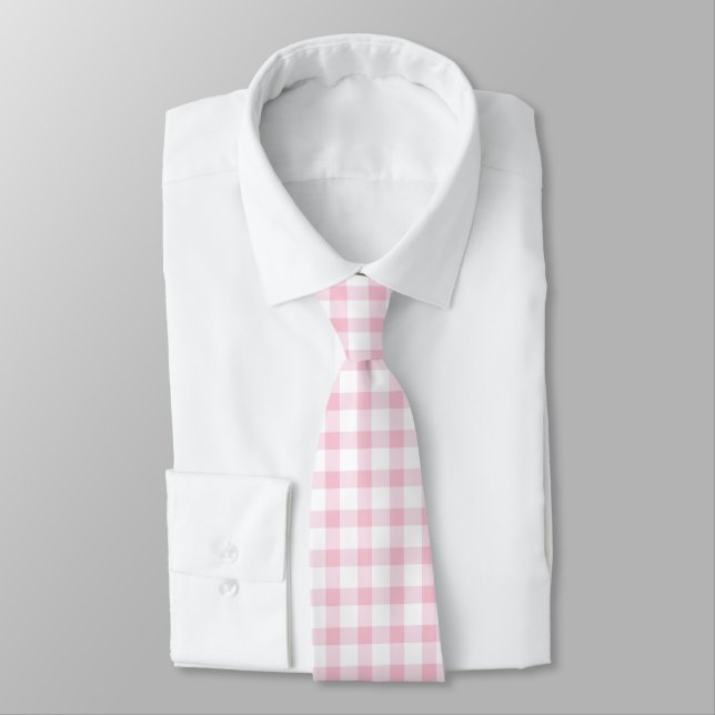 Classic Pastel Pink Gingham Check Pattern Tie (Tied)