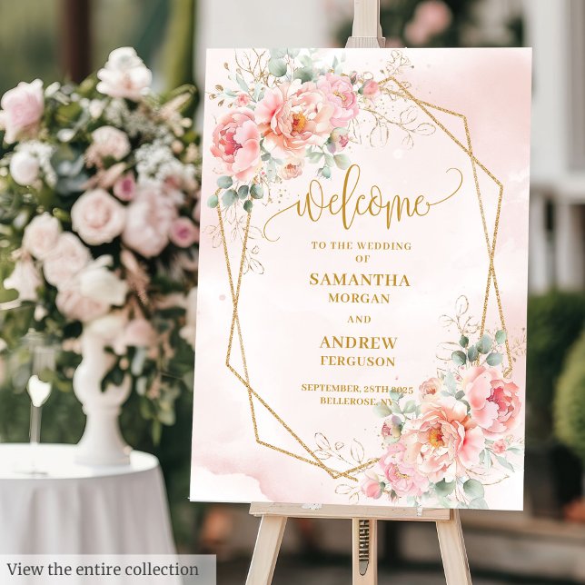 Classic Pastel Pink Gold Peonies Wedding Welcome  Foam Board (Classic Pastel Pink Gold Peonies Wedding Welcome Foam Board)
