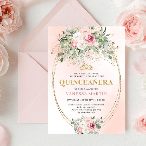 Classic Pastel Pink Rose Gold Quinceañera Invite