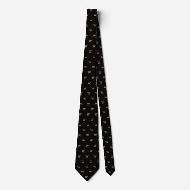 Classic Pattern Custom Monogram Initial Gold Black Neck Tie (Front)