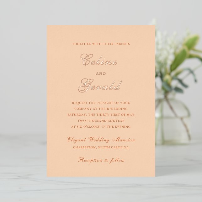 Classic Peach Elegant Wedding Foil Invitation (Standing Front)