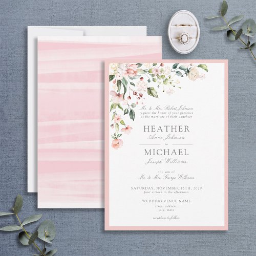 Classic Peach Pink Watercolor Floral Wedding Invitation