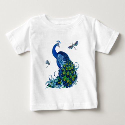 Classic Peacock and Dragonfly Design Baby T_Shirt