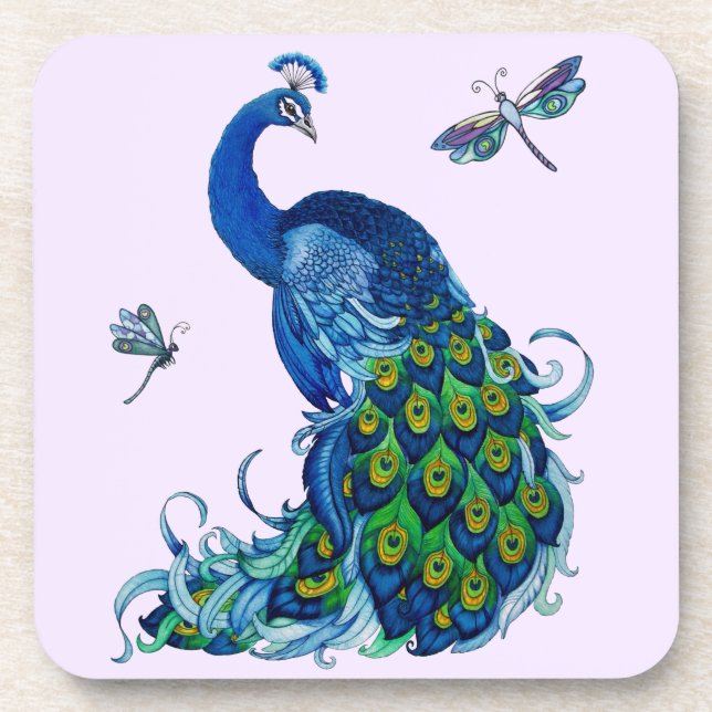 Classic Peacock and Dragonfly Design Beverage Coaster (Front)