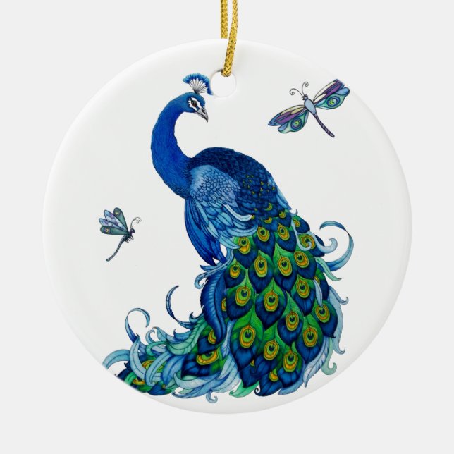 Classic Peacock and Dragonfly Design Ceramic Ornament (Front)