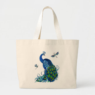 Classic Peacock and Dragonfly Design Large Tote Bag