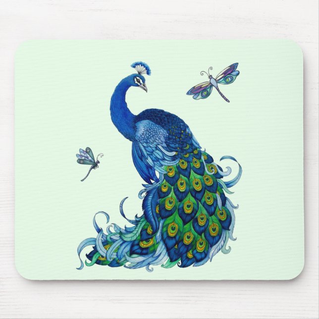 Classic Peacock and Dragonfly Design Mouse Pad (Front)