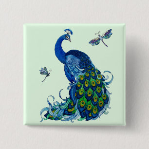 Classic Peacock and Dragonfly Design Pinback Button