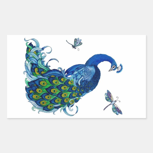 Classic Peacock and Dragonfly Design Rectangular Sticker (Front)