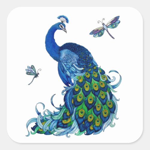 Classic Peacock and Dragonfly Design Square Sticker