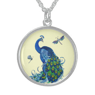 Classic Peacock and Dragonfly Design Sterling Silver Necklace