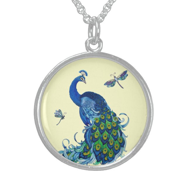 Classic Peacock and Dragonfly Design Sterling Silver Necklace (Front)