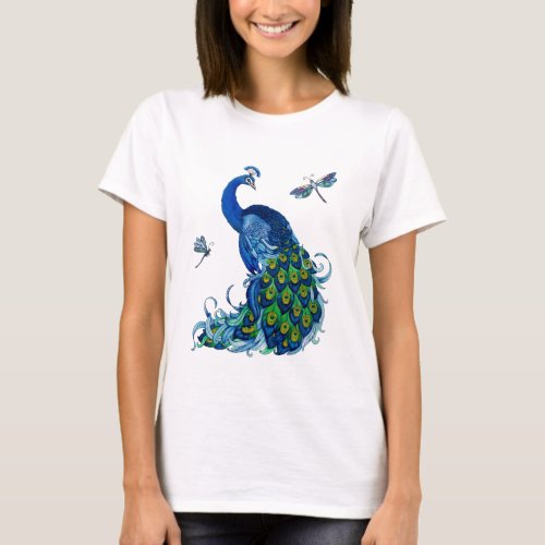 Classic Peacock and Dragonfly Design T_Shirt